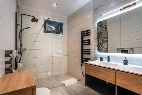 uma casa de banho com um lavatório e um chuveiro em Duna Rév Apartman em Bogyiszló