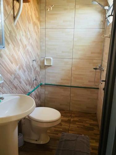 La salle de bains est pourvue de toilettes et d'un lavabo. dans l'établissement La casita en Hohenau, à Hohenau