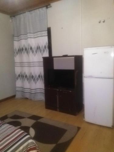 a living room with a television and a refrigerator at Old style Room @48 in Gqeberha
