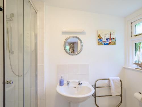 a white bathroom with a sink and a shower at 2 Bed in Bideford 78252 in Parkham