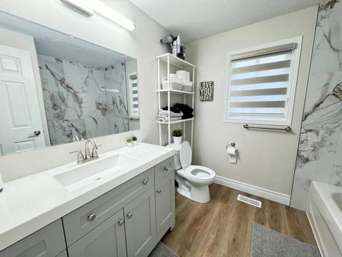 a bathroom with a sink and a toilet and a mirror at Luxury Private home near Sunrise Shopping Complex in Kitchener