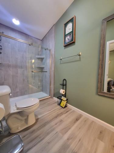 een badkamer met een toilet en een glazen douche bij HB North Bears Lair in Thomas