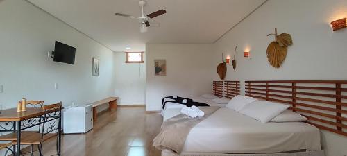 a bedroom with a bed and a table and a television at Pousada Real Cipo in Serra do Cipo