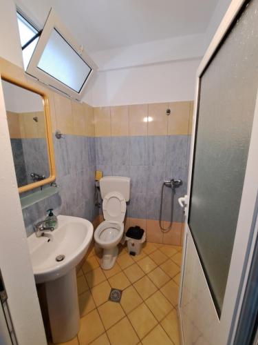 a bathroom with a toilet and a sink and a shower at The Grandfather's Room in Himare
