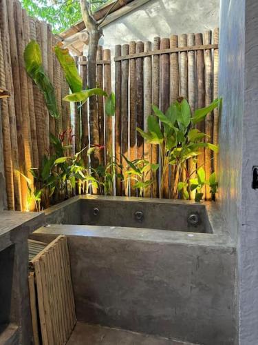 a bath tub with plants in front of a fence at Pousada Odara Caraíva in Porto Seguro