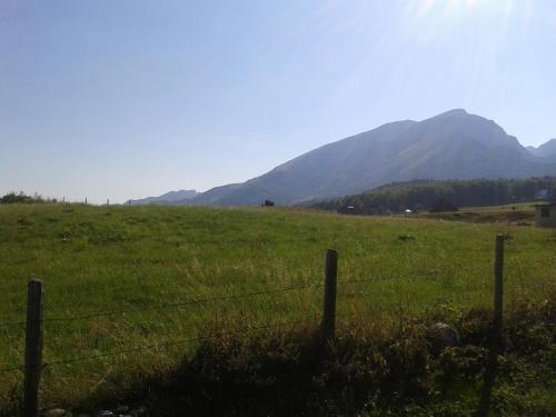 a fence in a field with a mountain in the background at Boskovica Brvnare in Žabljak