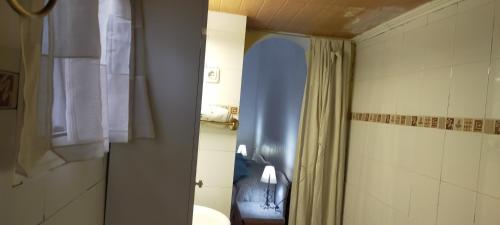 a bathroom with a toilet and a shower with a window at ALBORADA TRES in Burguillos