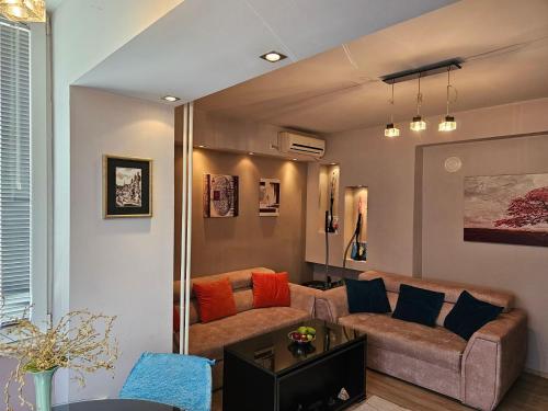 Delfin Apartment في بيتولا: غرفة معيشة مع أريكة وطاولة