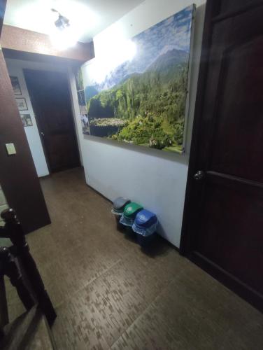 a hallway with a painting on the wall and two shoes at HOSTAL WALDORF.EC in Baños