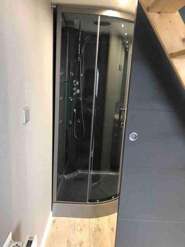 une douche dans une salle de bain avec une porte vitrée dans l'établissement Studio moderne à Clermont-Ferrand – 35 m² + Parking gratuit, à Clermont-Ferrand