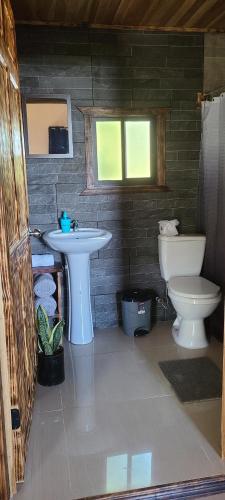 a bathroom with a sink and a toilet at El Chagüite monteverde #2 in Monteverde Costa Rica