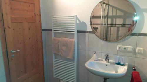 een badkamer met een wastafel en een spiegel bij Bauernhof Auerhof Ferienwohnung in Aschau im Chiemgau