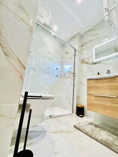 y baño con ducha, aseo y lavamanos. en Studio Promenade des Anglais en Niza