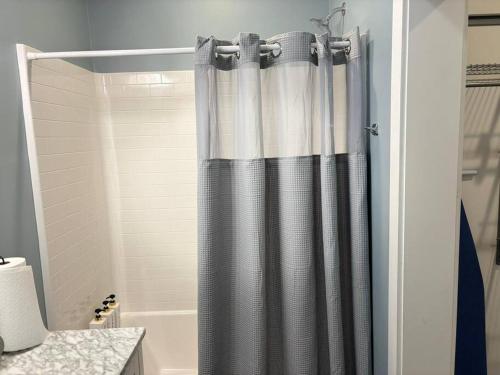 a shower curtain in a bathroom with a tub at Enjoy the Saddle House with your Furry Friends! in Greenville