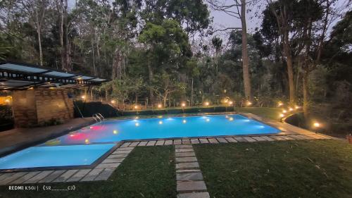 a swimming pool in a backyard at night at Tree House Wayanad in Muthanga