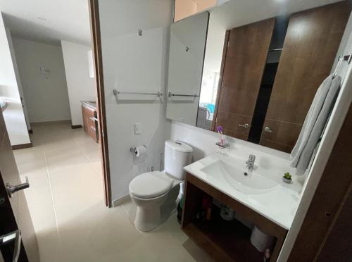 a bathroom with a toilet and a sink and a mirror at Espectacular apartamento en Melgar in Melgar