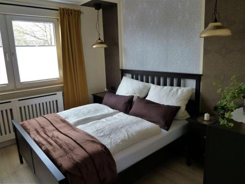 1 dormitorio con cama con almohadas y ventana en Holiday apartment Randersacker, en Randersacker