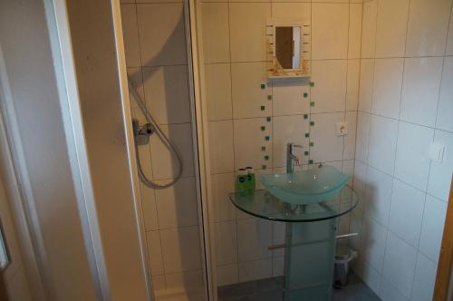 a bathroom with a glass sink and a shower at W & S Executive Apartments - Hallstatt II in Hallstatt