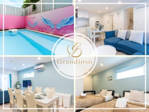 a collage of photos of a living room and a pool at グランディオーソ沖縄プールヴィラ恩納9 in Onna