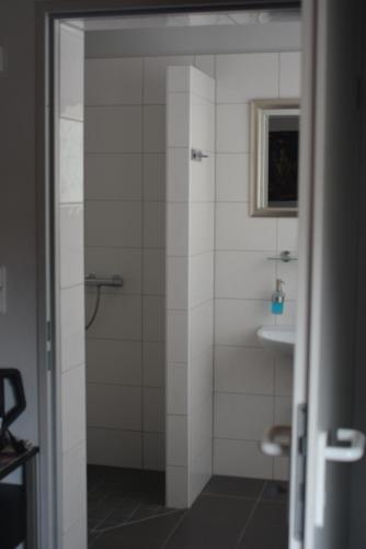 a bathroom with a shower and a sink at Budgethotel Stadtbett Wolfsburg in Wolfsburg