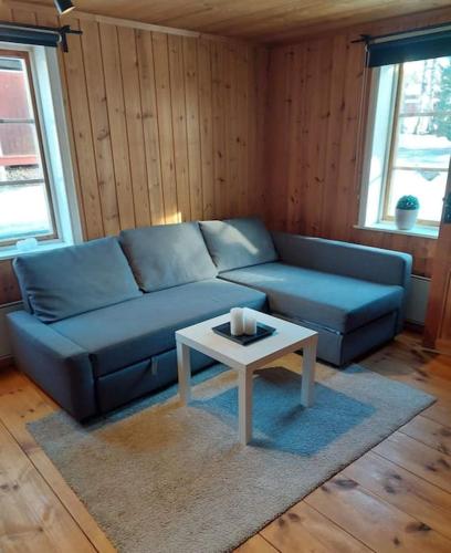 a living room with a blue couch and a coffee table at Mysig stuga in Orsa