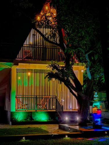 a tree in front of a building at night at Residence Inn in Udawalawe