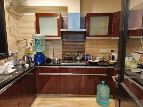 a kitchen with wooden cabinets and a counter top at Greenleaf Apartment and Suites, Greater Kailash 1 in New Delhi