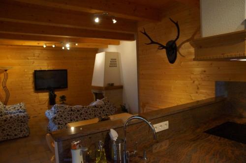 a kitchen with a living room with a fireplace at W & S Executive Apartments - Hallstatt II in Hallstatt