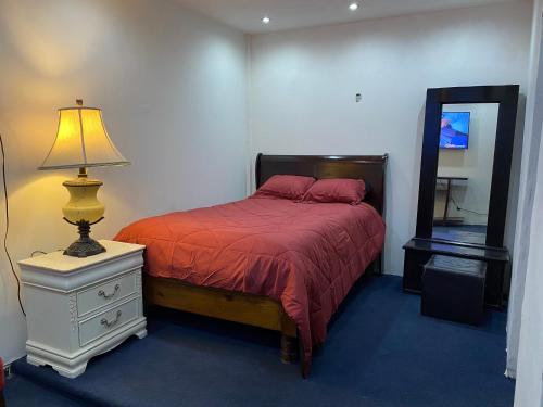 a bedroom with a bed with a lamp and a mirror at Renta de habitación/cama matrimonial in Monclova