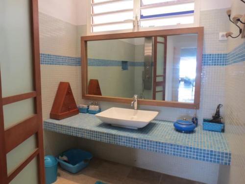 uma casa de banho com um lavatório e um espelho em Villa Perle de Corail, les pieds dans l'eau em Saint-Paul