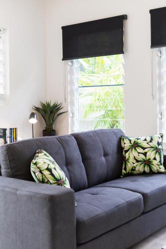 a blue couch in a living room with a window at Bamboo Villa - Pet friendly luxury Villa next to Botanical Gardens in Edge Hill