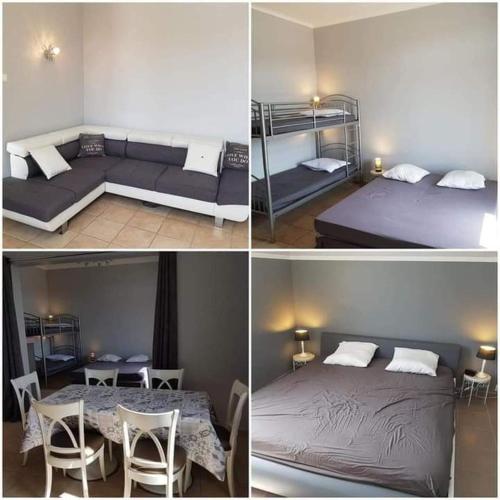 trois photos d'une chambre avec un lit et une table dans l'établissement Maison en Provence avec piscine, à Château-Arnoux-Saint-Auban