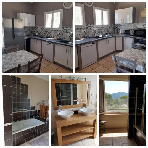 un collage de quatre photos d'une cuisine dans l'établissement Maison en Provence avec piscine, à Château-Arnoux-Saint-Auban