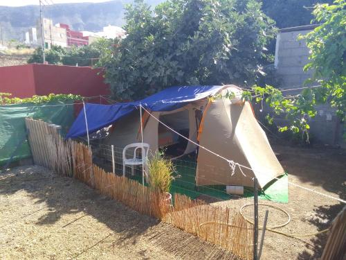 een vogelkooi met een blauw zeil erop bij por ahora no aceptan in Güimar