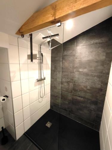 a shower with a glass door in a bathroom at Riverside Appartements in Lieserbrücke