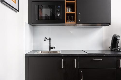 une cuisine avec un évier et un micro-ondes dans l'établissement Le Baudelaire - Studio en centre ville, à Bordeaux