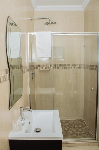 a bathroom with a shower and a white sink at Heavenly Boutique Hotel in Johannesburg
