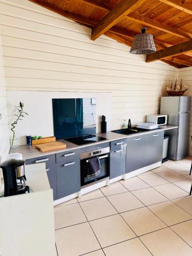 kuchnia z urządzeniami ze stali nierdzewnej i drewnianym sufitem w obiekcie appart T1 avec varangue vue mer et piscine ST GILLES LES BAINS w mieście Saint-Gilles les Bains