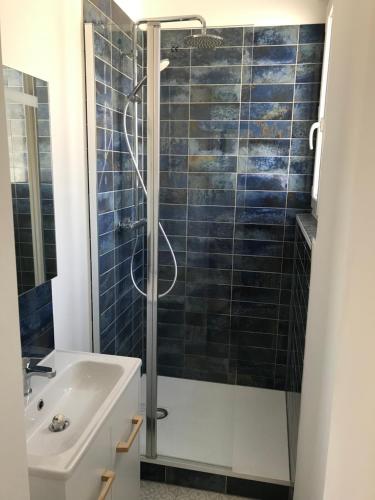 une salle de bain avec douche et lavabo dans l'établissement Le Moderne - Appartement situé en plein centre-ville, à Rochefort