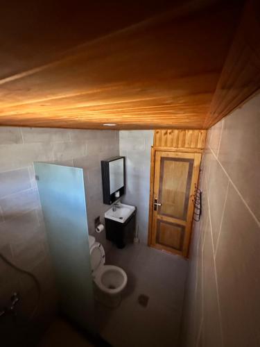 a bathroom with a toilet and a tv in it at Pink Desert Camp in Wadi Rum