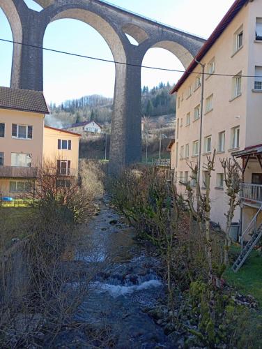 een brug over een rivier in een stad met gebouwen bij Chez Ana à Morez in Morbier