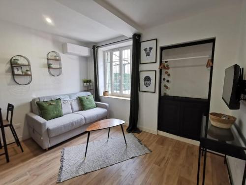 un salon avec un canapé et une fenêtre dans l'établissement Charbon studio climatisé parking terrasse, à Villeneuve-lès-Avignon