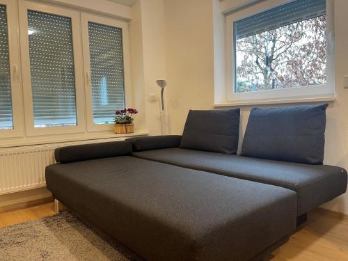 a couch in a living room with two windows at Ferienwohnung Bergblick in Bayerisch Gmain