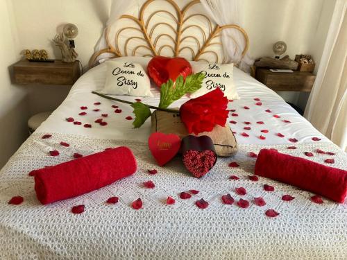 una cama con corazones rojos, rosas y pedales rojos en Le cocon de sissy en Saintes-Maries-de-la-Mer