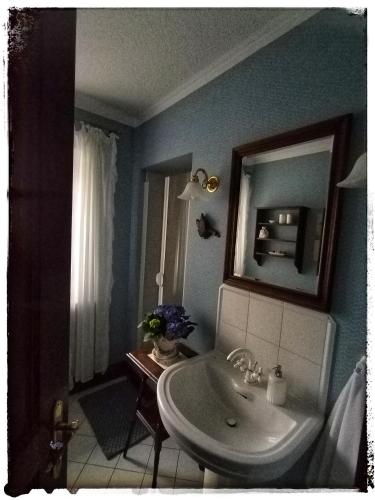 a bathroom with a sink and a mirror at Ferienwohnung Landidylle in Zodel