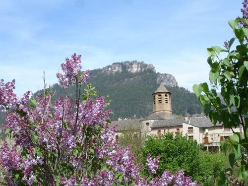 un edificio con una montaña en el fondo con flores púrpuras en Joli petit appartement à Ispagnac, en Ispagnac