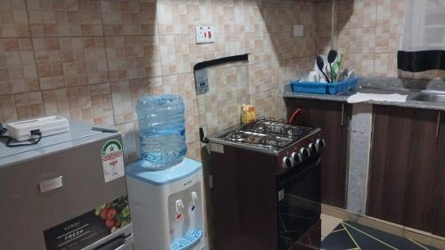 a kitchen with a stove with a container of water on top at Bonyeza Safaris Staycations-Kenya in Ruiru