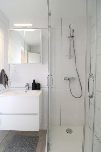 ein Bad mit einer Dusche und einem Waschbecken in der Unterkunft Louisappart - Eupen Zentrum in Eupen