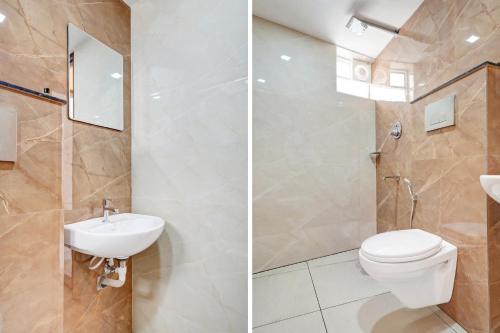 twee foto's van een badkamer met toilet en wastafel bij GYPSY HOTEL CUSAT in Cochin