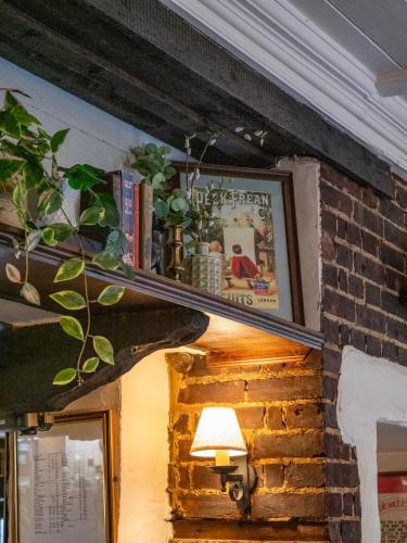 a shelf on a wall with books and a lamp at The Jolly Drover in Liss